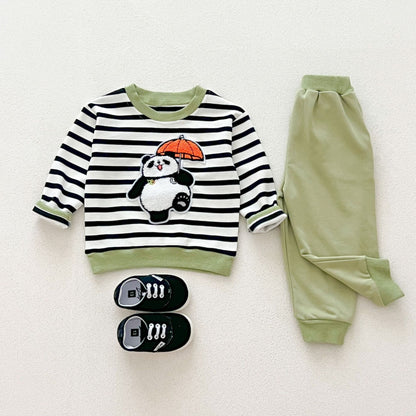 Casual and Versatile Two-Piece Set: Round Neck Striped Top and Green Pants for Baby and Toddlers