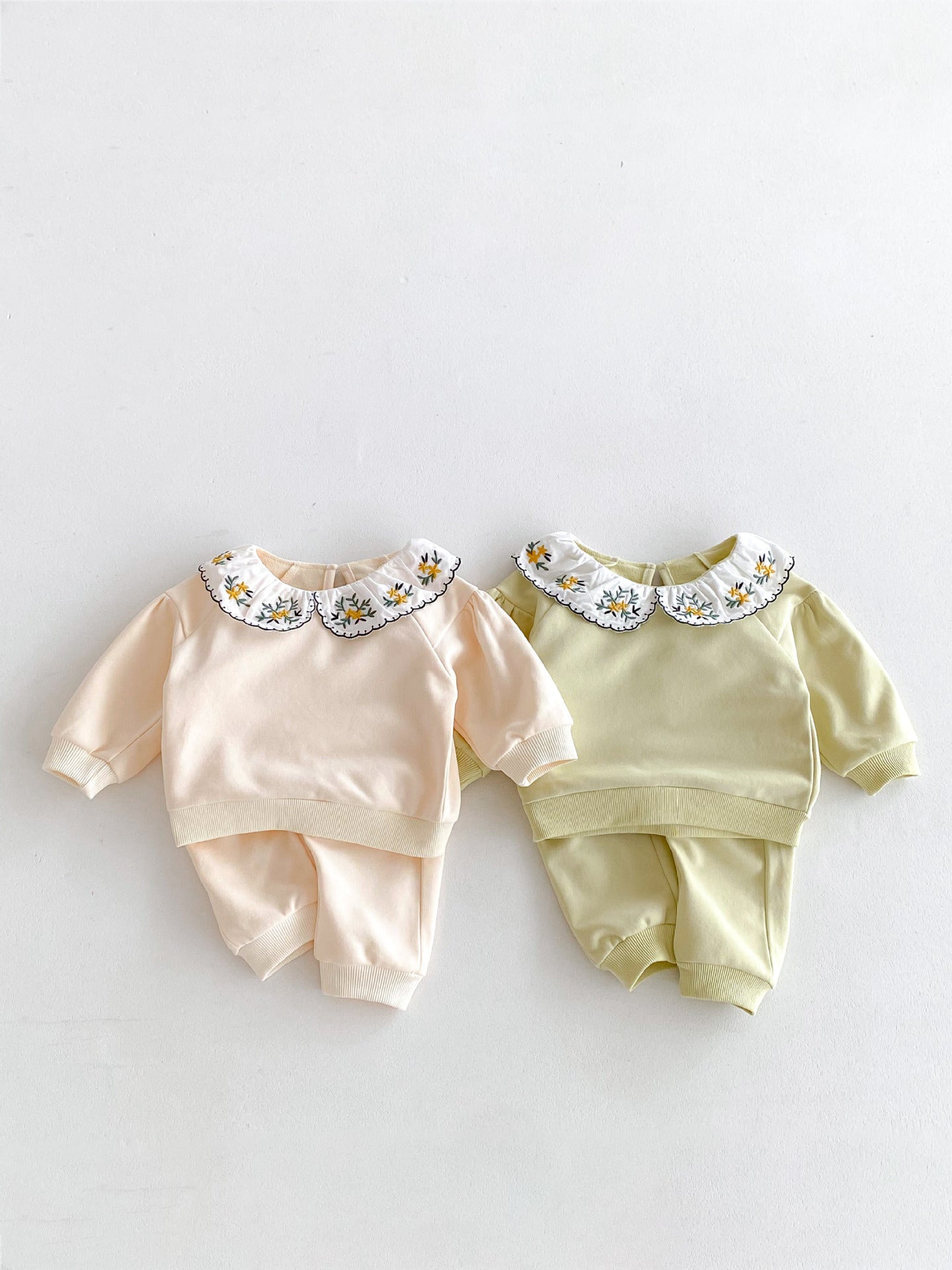 Cute and Versatile Two-Piece Set: Flowers Embroidered Collar Top and Solid Color Pants for Baby Girls and Toddlers