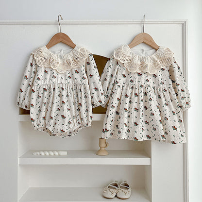 Baby Lace Collar Romper And Floral Print Girls’ Dress – Princess Sister Matching Set