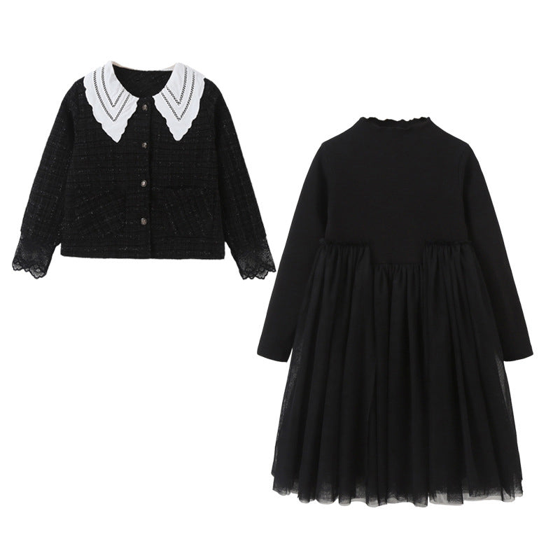 Girls Single Breasted Cardigan Tops Black Dress Sets