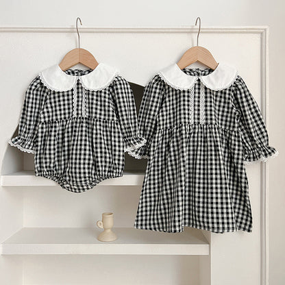 New Spring/Autumn Baby Black Plaid Onesies And Dress For Girls With Long Sleeves – Family Sister Matching Set