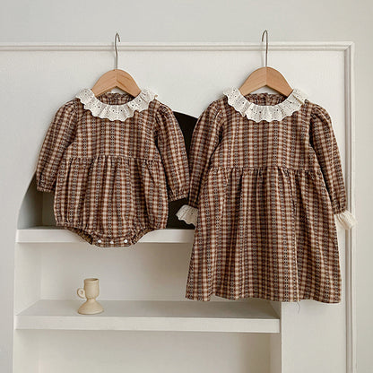 New Spring/Autumn Baby Vintage Plaid Onesies And Dress For Girls With Long Sleeves – Family Sister Matching Set