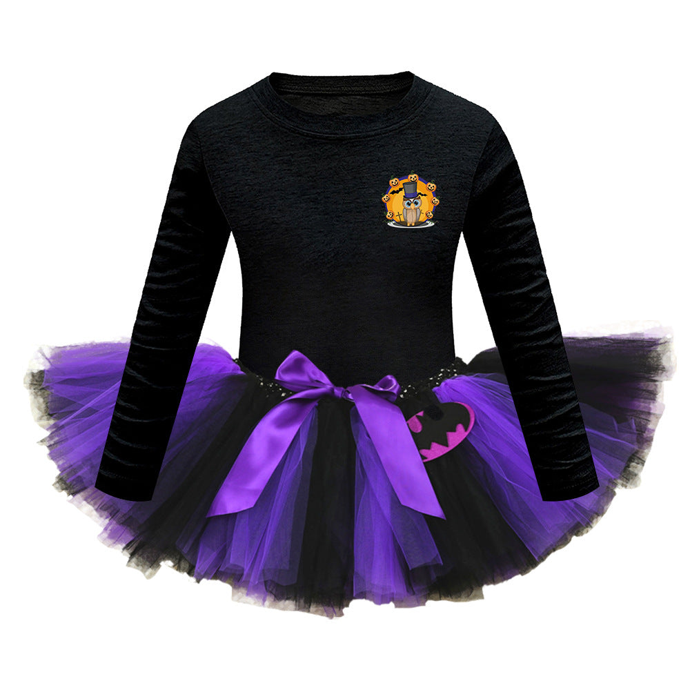 Arrival Girls’ Halloween Costume: Long Sleeves Cartoon Print Witches Cosplay Party Tulle Patchwork Dress