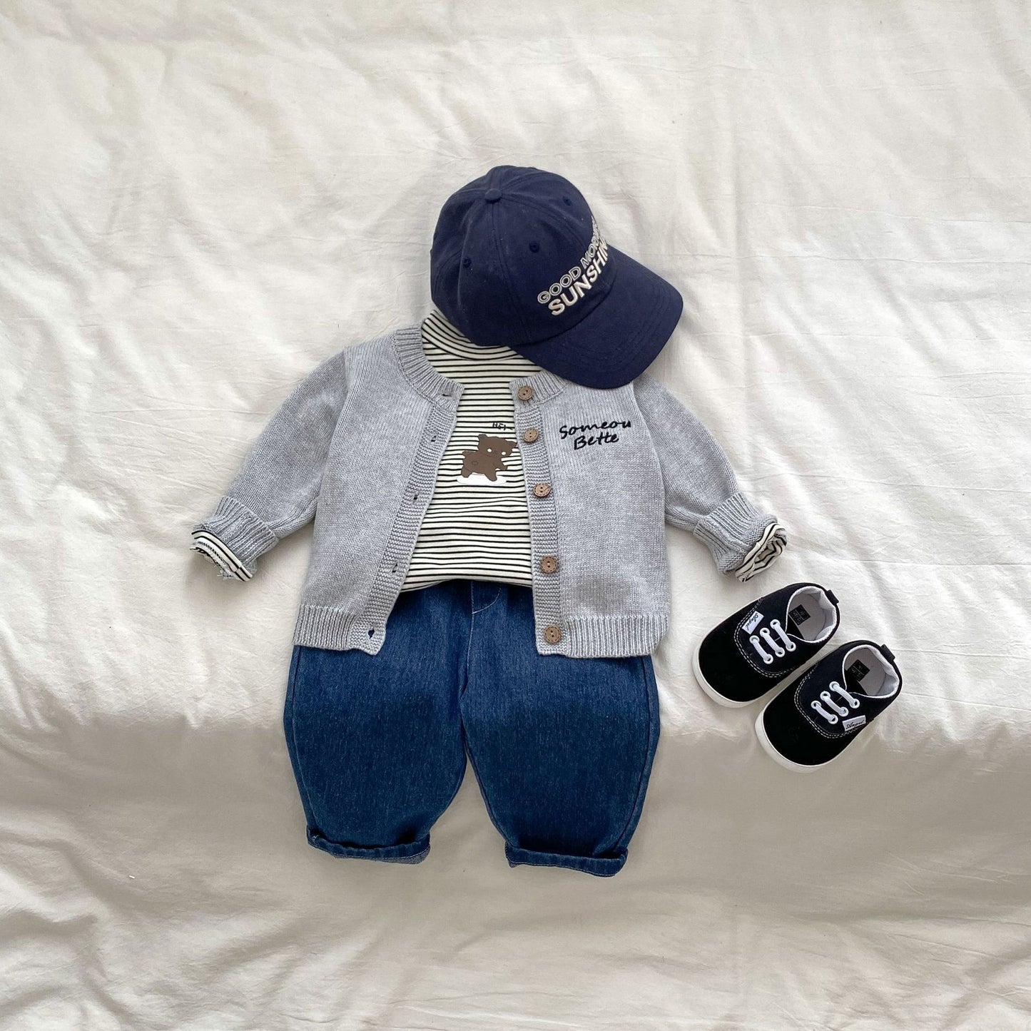 Autumn Baby Kids Boys Letters Embroidery Pattern Knitted Crew Neck Cardigan (Solo), Denim Pants and Striped Shirts