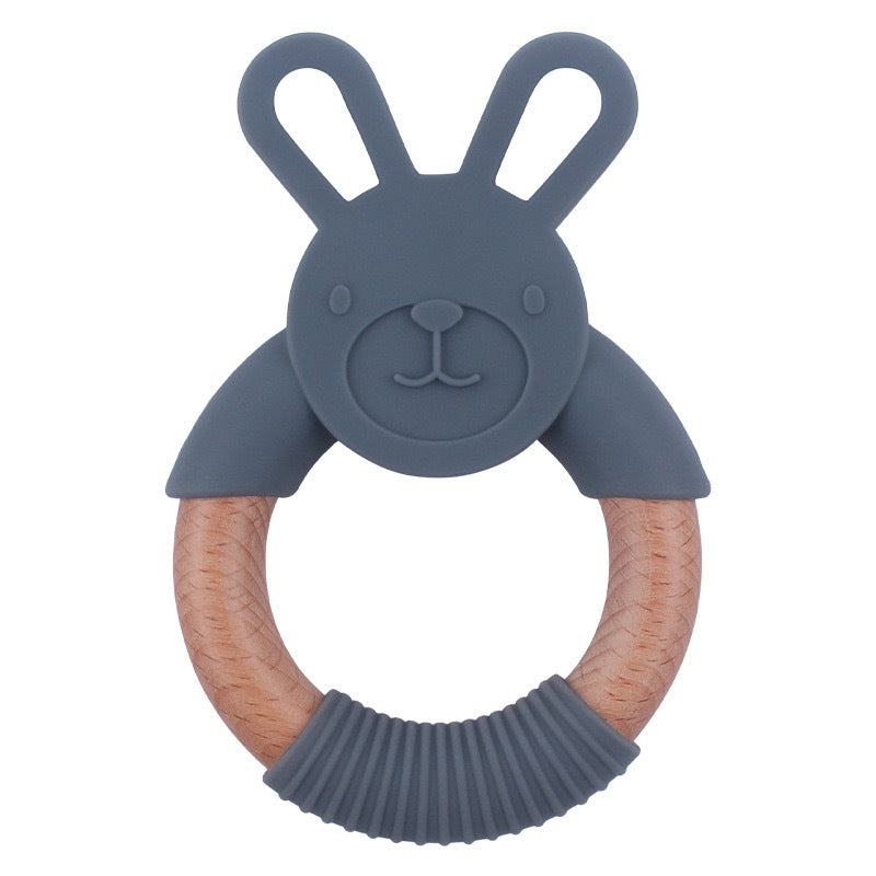 Baby Food-Grade Teething Rattle, Teething Aid for Babies, Wooden and Silicone Rabbit Teething Bracelet