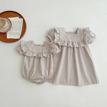 Baby Plaid Pattern Square Neck Puff Sleeves Onesies & Dress