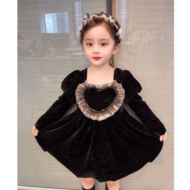 Vestido de princesa negro con escote cuadrado, volantes y mangas largas en forma de corazón para niñas pequeñas