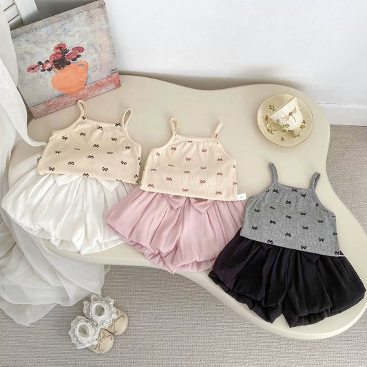 Summer Baby Kids Girls Butterfly-bows Pattern Sleeveless Vest and Plain Shorts Clothing Set