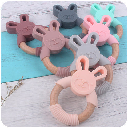 Baby Food-Grade Teething Rattle, Teething Aid for Babies, Wooden and Silicone Rabbit Teething Bracelet