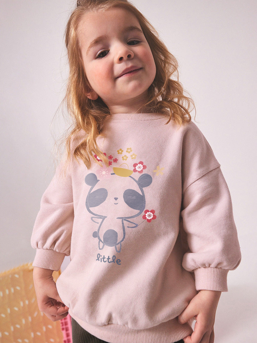 Spring And Autumn Girls Cartoon Panda And Flowers Long Sleeves Top Sweatshirt And Pants Clothing Set