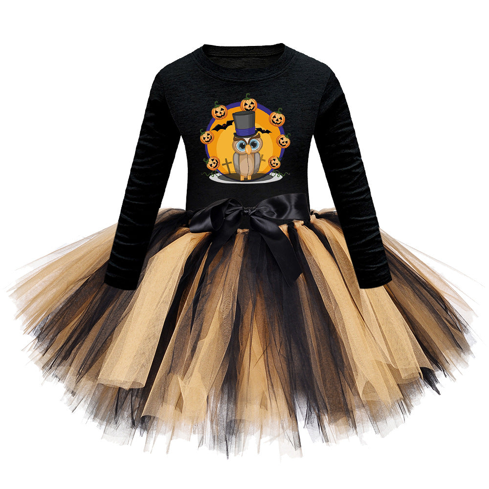 Arrival Girls’ Halloween Costume: Long Sleeves Cartoon Print Witches Cosplay Party Tulle Patchwork Dress