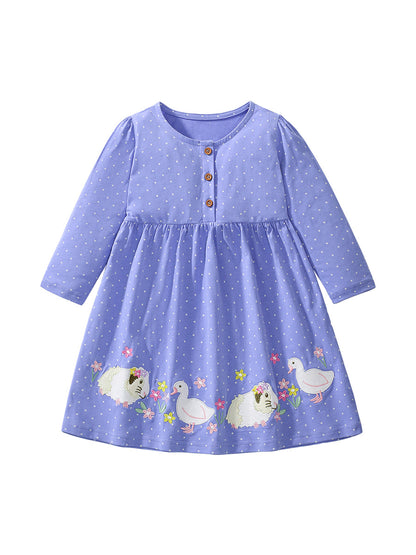 Arrival Autumn Girls Goose and Rabbit Embroidery Pattern Long Sleeves Dress