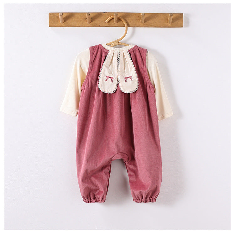 Autumn Baby Kids Girls Cute Rabbit’s Ears Design Crew Neck Top and Overalls Clothing Sets