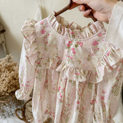 Vestido de otoño con volantes y mangas largas con estampado floral para niñas estilo francés 