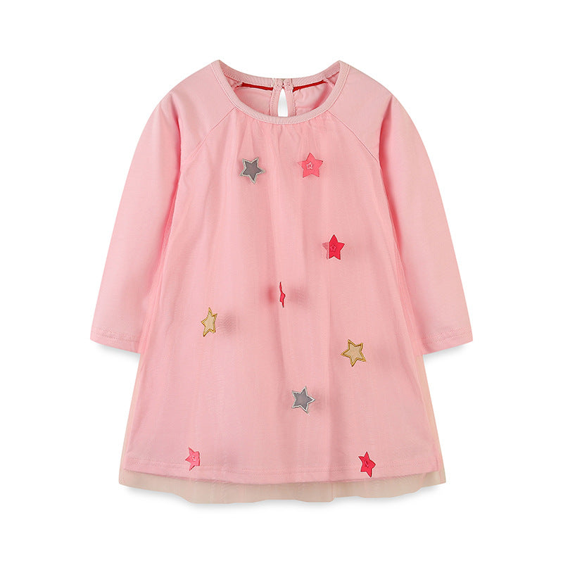 Nuevo vestido de princesa de manga larga para niñas, exquisito vestido de malla con forma de corazón y estrella para niñas