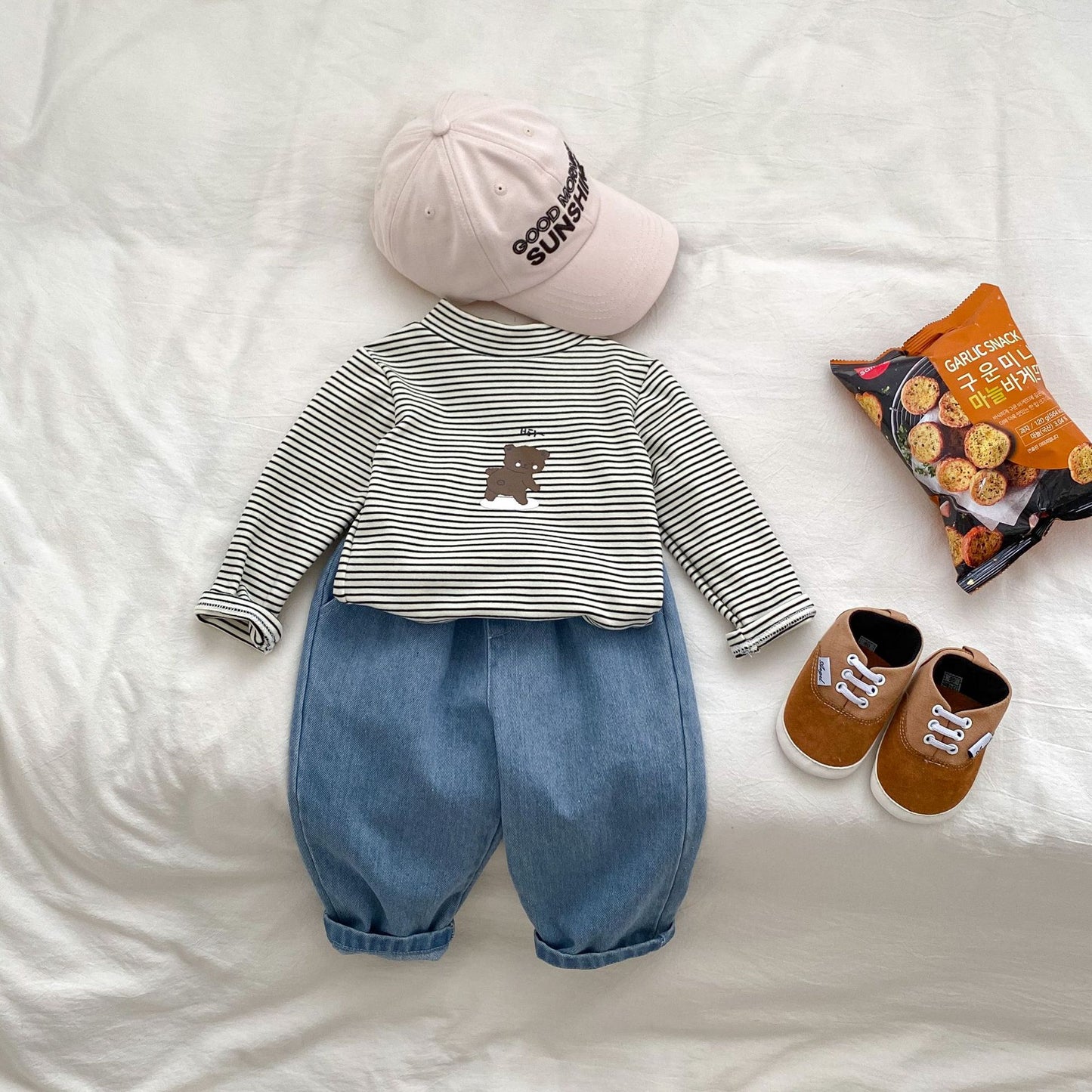 Arrival Autumn Baby Unisex Long Sleeves Striped Teddy Top Shirt and Denim Jeans – Matching Set