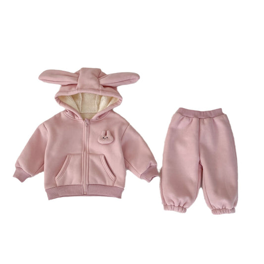 Winter Hot Selling Baby Girls Long Sleeves Simple Rabbit Attached Hooded Top Coat and Thick Trousers Set