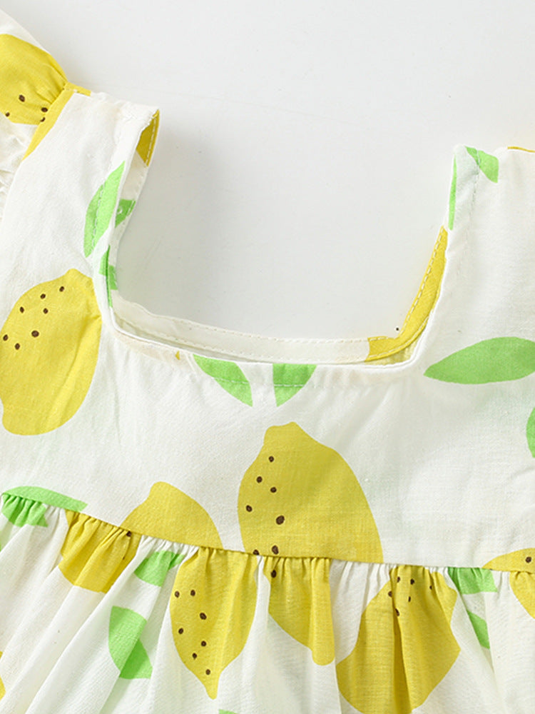 Summer New Arrival Baby Kids Girls Fly Sleeves Lemon Pattern Square Neck Dress