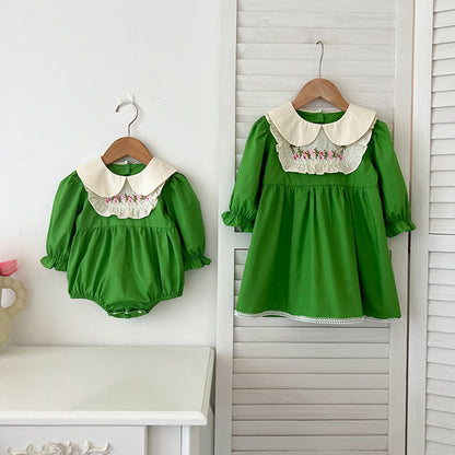 Conjunto de otoño para niñas y bebés, mono y vestido con estampado de flores bordadas y cuello Peter Pan de manga larga, conjunto a juego para princesas y hermanas 