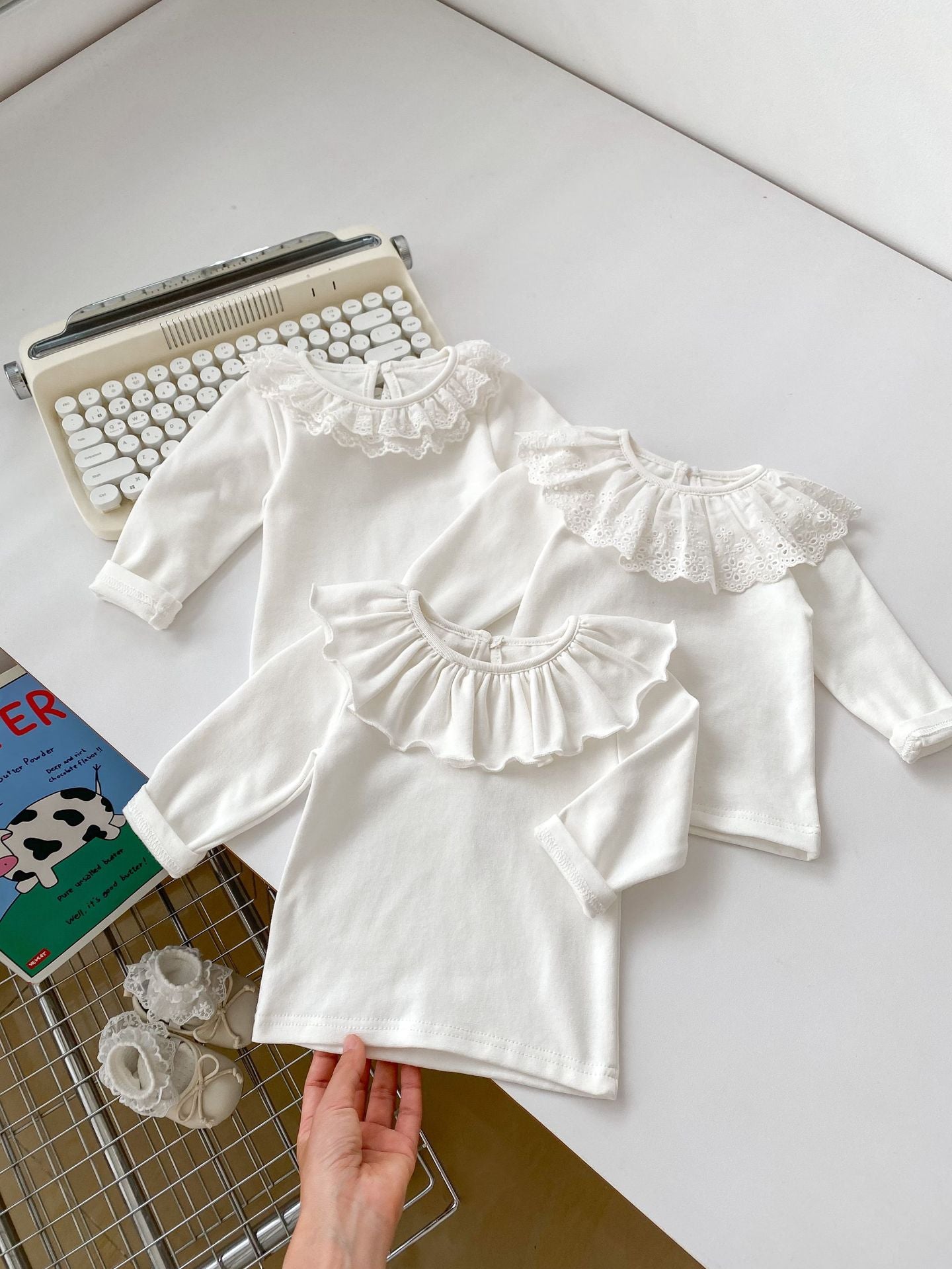 Spring Collection: Baby Girls’ Long Sleeve Doll Collar Base Shirt With 3 Kinds Of Lace Trim