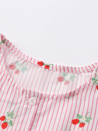 Summer New Arrival Girls’ Strawberry Pattern Striped Single Breasted Short Sleeves Round Neck Dress