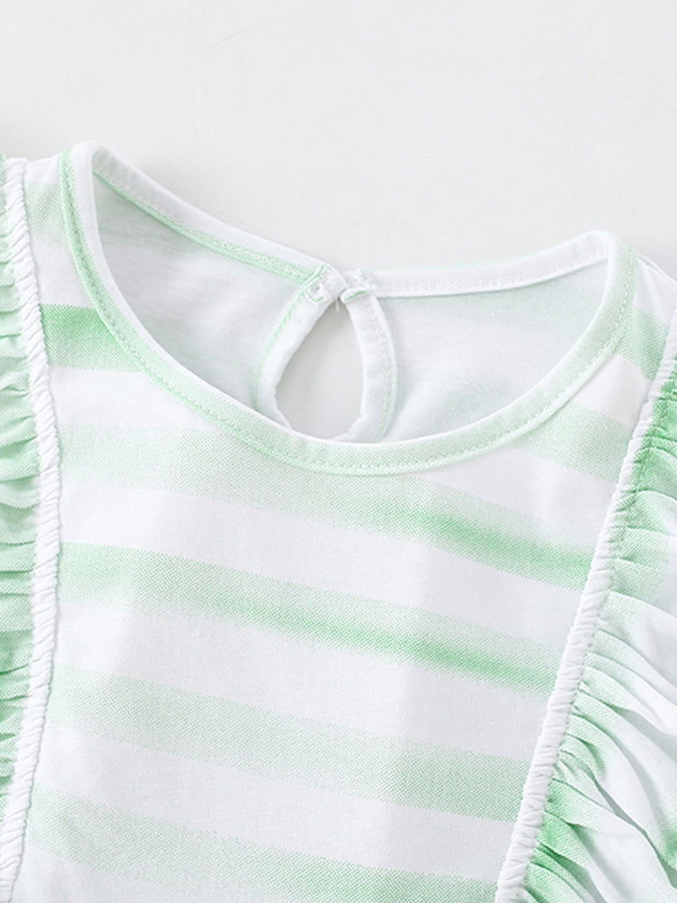 Summer New Arrival Baby Kids Girls Sleeveless Light Green Striped Crew Neck Dress