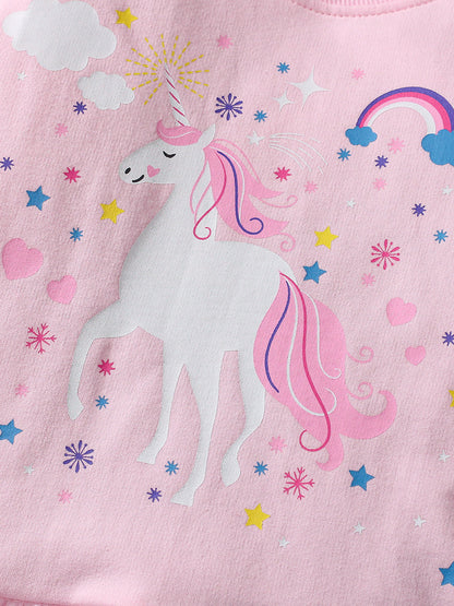 Spring And Autumn Girls Cute Cartoon Unicorn Pattern Long Sleeves Top Dress And Grey Pants Clothing Set