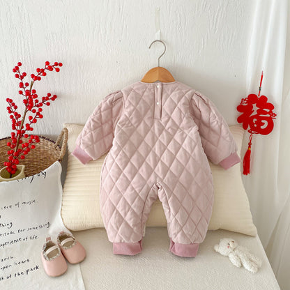 Winter Arrival Baby Girls Simple Rabbit Embroidered Pattern Warm Padded Thick Romper