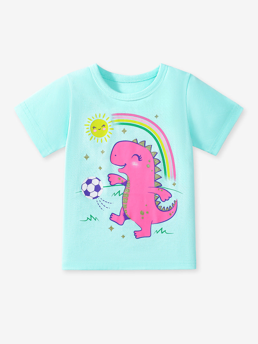 Pieces Girls’ Dinosaurs Cartoon Pattern Short Sleeves T-shirt in European and American Style for Summer