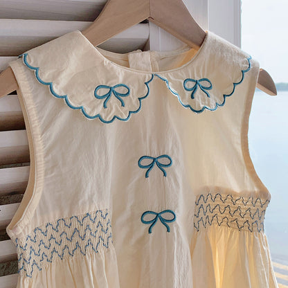 Summer Baby Kids Girls Vintage Sleeveless Bows Pattern Embroidery Collar Dress