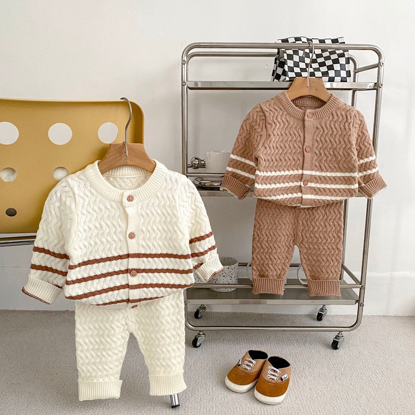 Arrival Autumn Baby Kids Unisex Long Sleeves Striped Knitted Cardigan and Long Trousers – Clothing Set