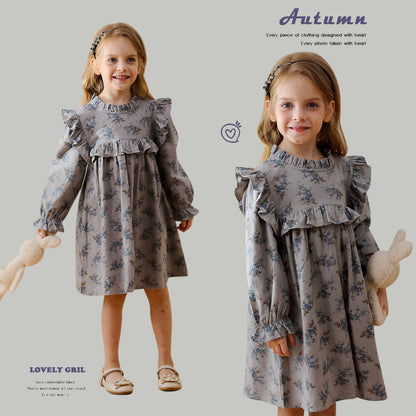 Vestido con estampado floral de manga larga y cuello con volantes estilo francés para niñas de otoño 