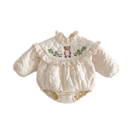 Winter Arrival Baby Girls Cute Teddy Embroidered Pattern Warm Padded Thick Onesies