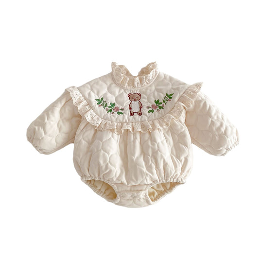 Winter Arrival Baby Girls Cute Teddy Embroidered Pattern Warm Padded Thick Onesies