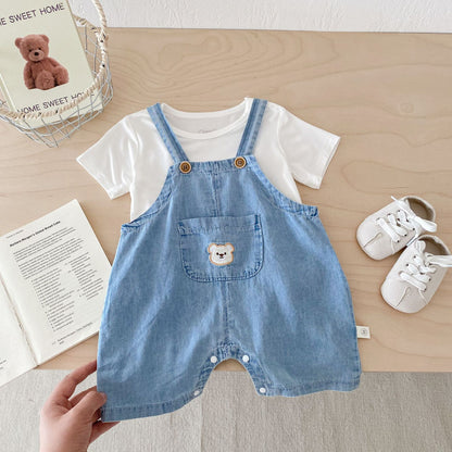 New Arrival Summer Baby Kids Unisex Teddy Bear Pattern Short Sleeves T-Shirt And Thin Denim Overalls Romper – Baby Matching Clothing Set