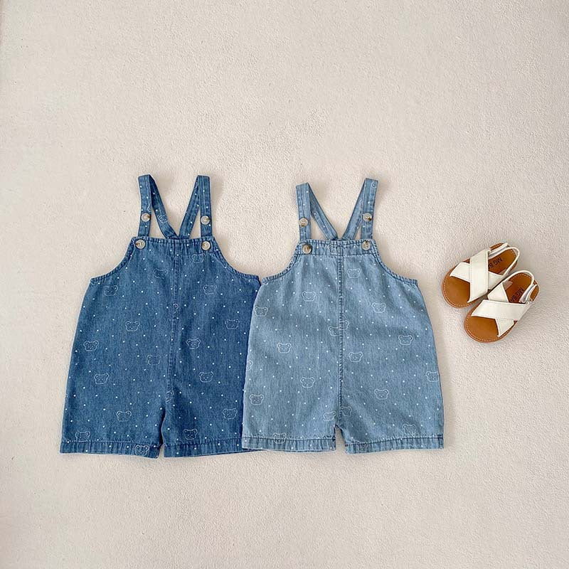 Summer Baby Kids Unisex Teddy Print White Dots Denim Overalls