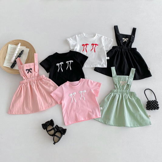 Recién llegado, conjunto de verano para niñas y bebés con diseño de mono sencillo con bordado de lazo, vestido y camiseta – Conjunto a juego para hermanas 