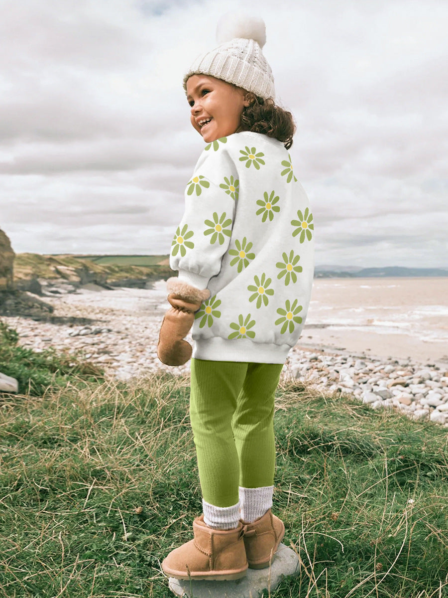 Spring And Autumn Girls Green Floral Print Long Sleeves Top Pullover And Pants Clothing Set