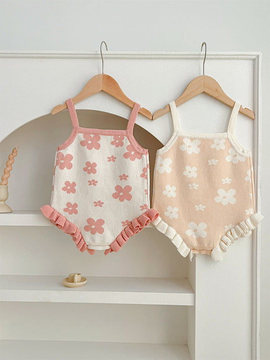 New Arrival Summer Baby Kids Girls Knit Flowers Pattern Sleeveless Strap Onesies
