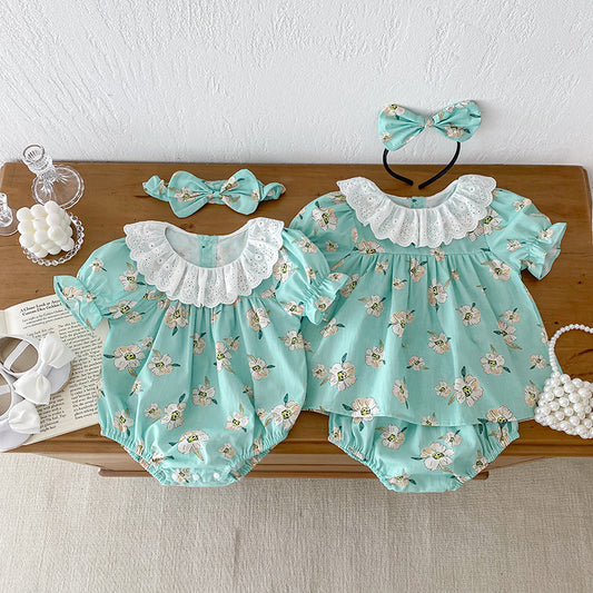 Conjunto de ropa y mono de cuello calado con mangas cortas y estampado de flores para niñas de verano: conjunto de ropa a juego para hermanas 