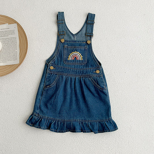 Design Summer Boys And Girls Rainbow Pattern Sleeveless Strap Onesies And Dress – Denim Brother And Sister Matching Clothing Set
