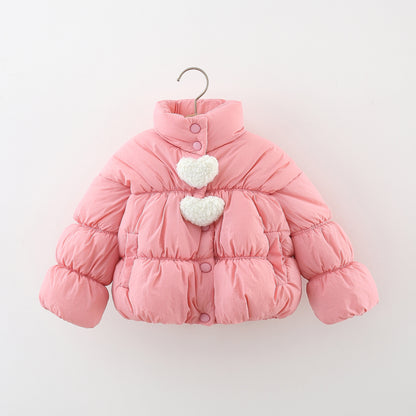 Arrival Baby Kids Girls Heart Pattern Single Breasted Thick Fleece-inside Coat