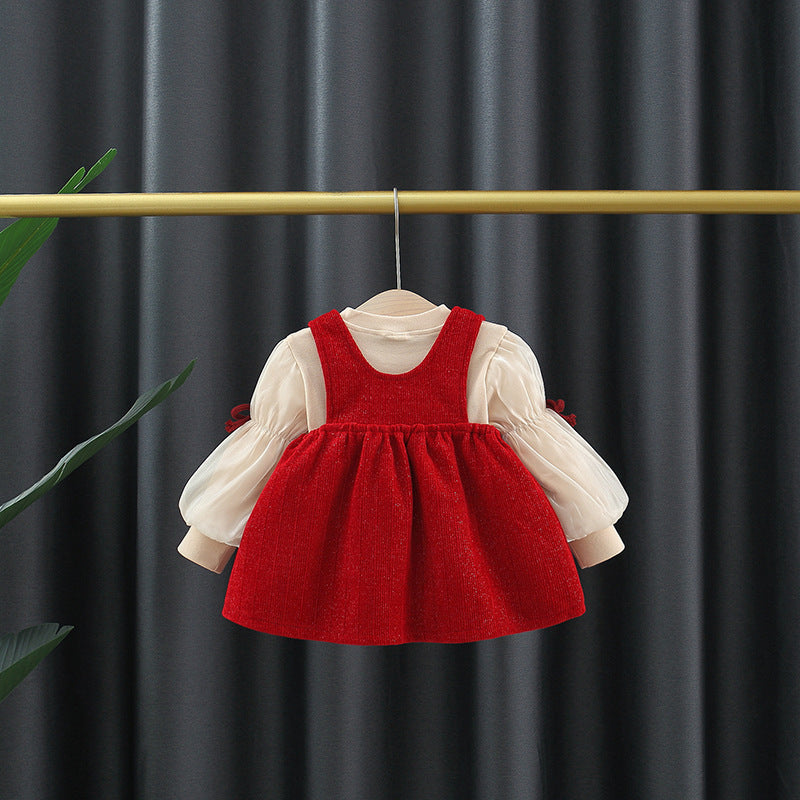 Autumn and Winter New Arrival Baby Girls Long Sleeves Crew Neck Top and Overalls Dress