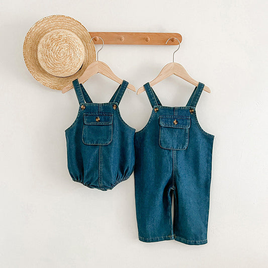 Hot Selling Summer Unisex Baby Denim Sleeveless Pocketed Overalls Romper And Strap Onesies