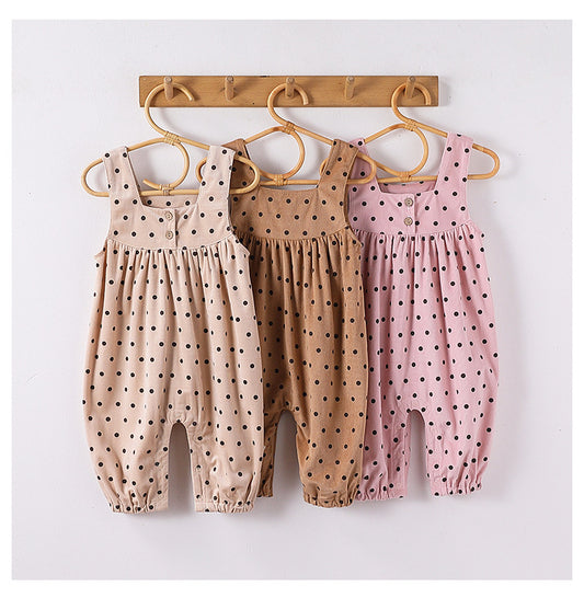 New Arrival Spring Girls Long Sleeves Solid Color Top Shirt and Sleeveless Polka Dots Pattern Overalls Clothing Set