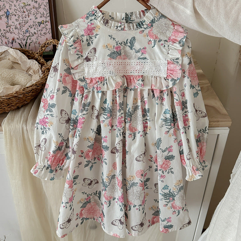 Vestido floral de manga larga con cuello con volantes para niñas de otoño 