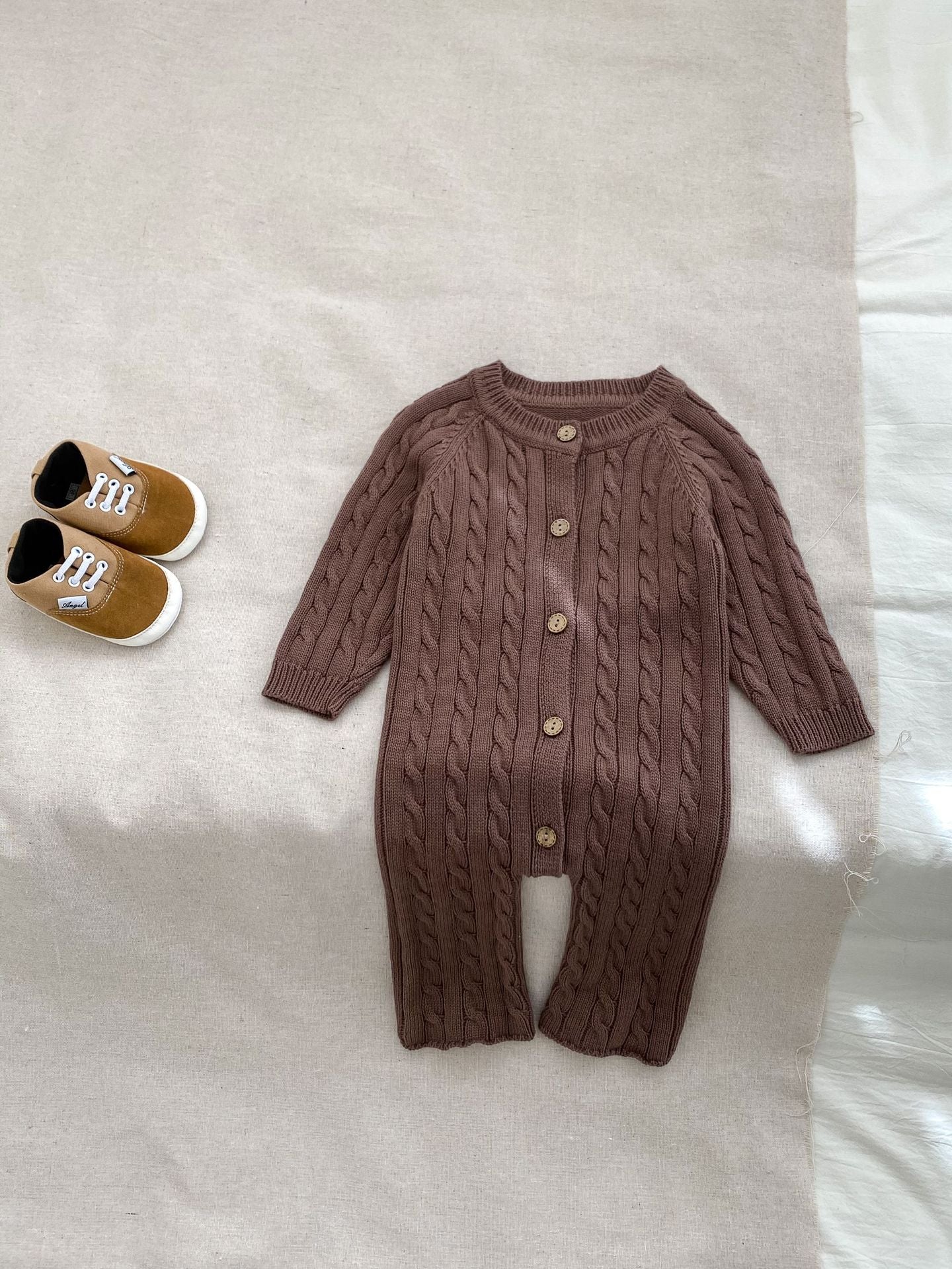 Autumn New Arrival Baby Unisex Solid Color Long Sleeves Jacquard Crew Neck Knitted Romper