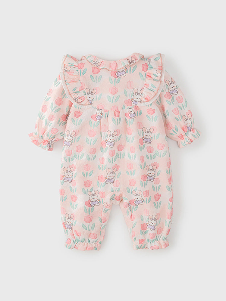 Autumn New Arrival Baby Girls Flowers and Rabbits Pattern Single Breasted Romper with Cute Collar