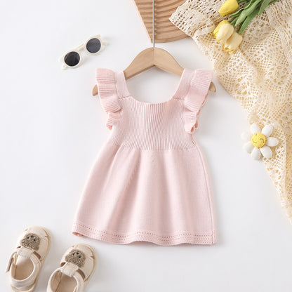 Arrival Summer Baby Kids Girls Plain Simple Solid Color Fly Sleeves Knitted Dress