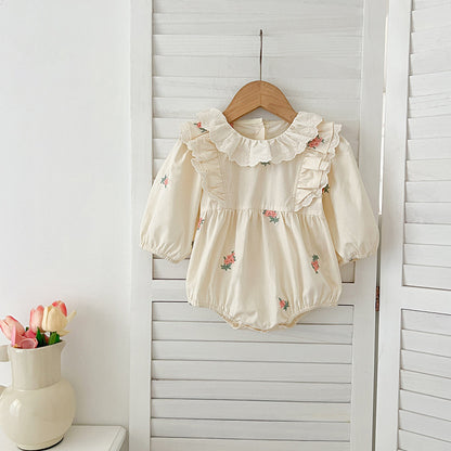 Conjunto de otoño para niñas y bebés, mono y vestido con cuello francés y estampado floral bordado de manga larga – Conjunto a juego para princesas y hermanas 